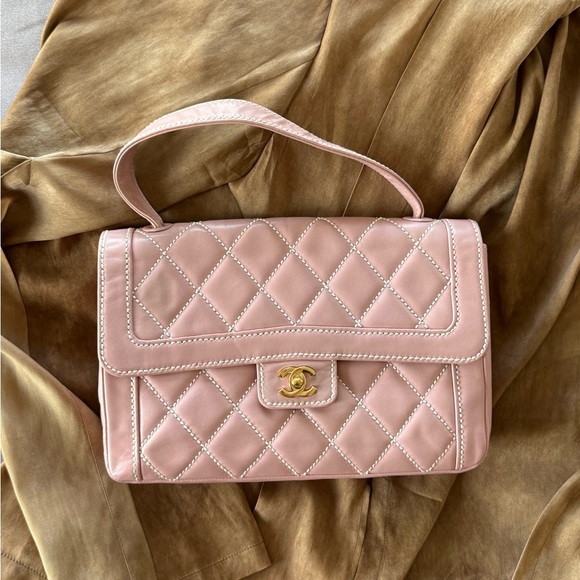 CHANEL Handbags - SOLD - CHANEL Pink Calfskin Wild Stitches Vintage Handle Flap Bag Large GHW